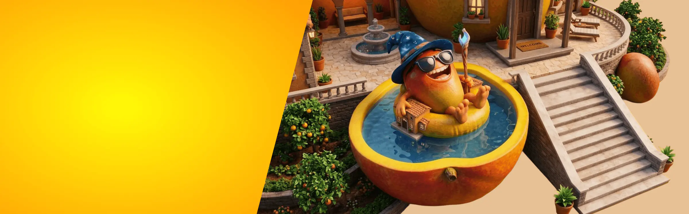 Magic Mango-mascotte in een zwembad op een mango, het hero-beeld van Magic Mango Casino
